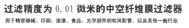 过滤精度为0.01微米的中空纤维膜过滤器,可用于精密器械、印刷、涂漆、食品、光学部件的吹风配管、以及其他一般行业